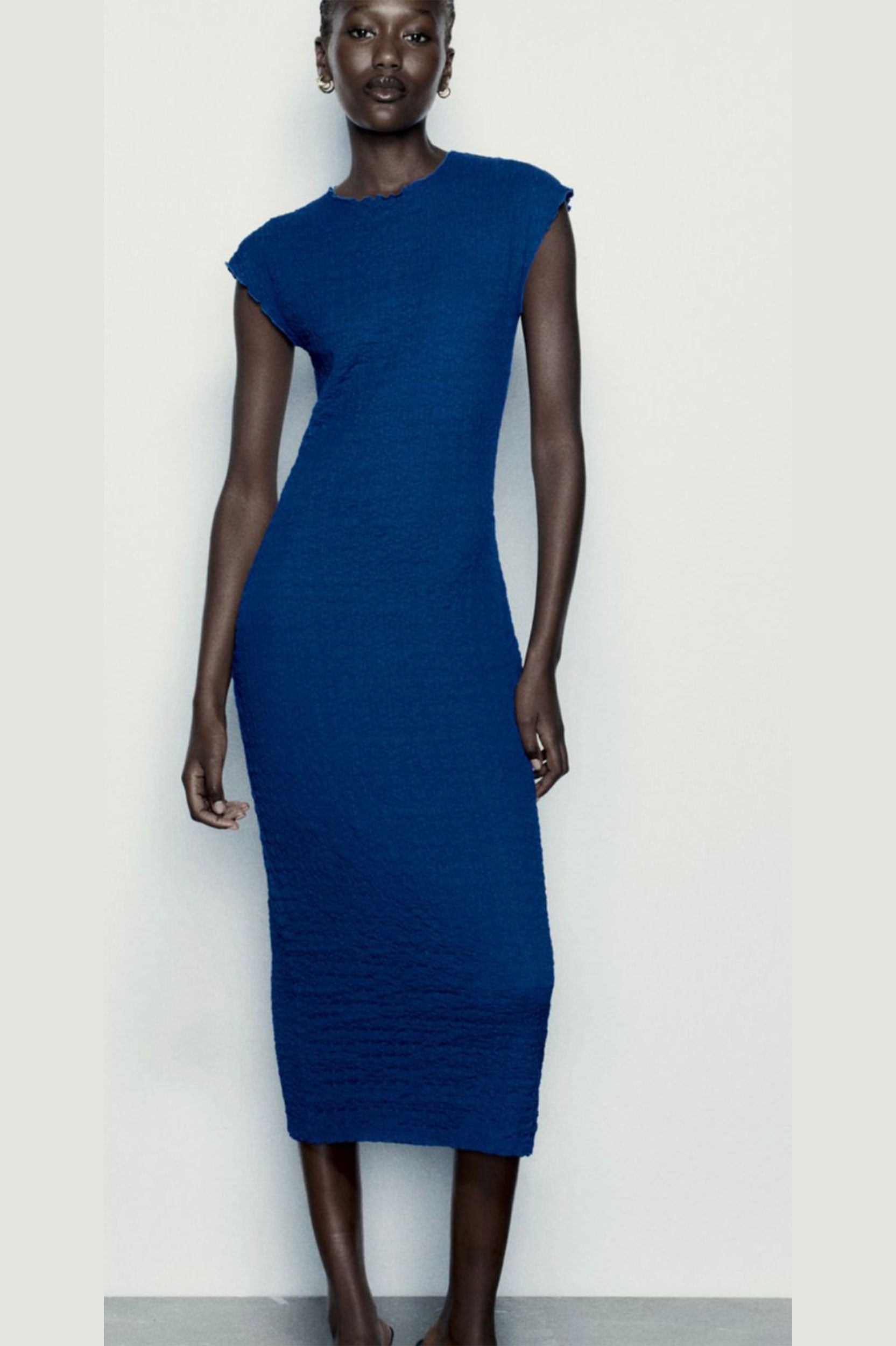 ZARA FITTED TEXTURED BLUE DRESS
